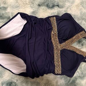 Navy Swimsuit with Gold Accents